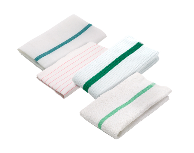 Image of various towels, bath, kitchen, glass
